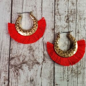 Red tassel fan crescent shape earrings
